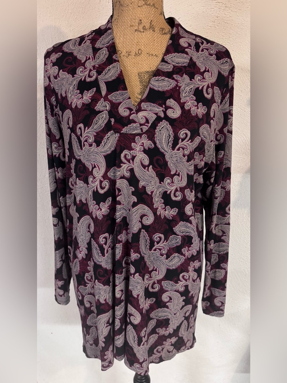 J. Jill Long-Sleeve V-Neck Tunic in Black and Burgundy Paisley
